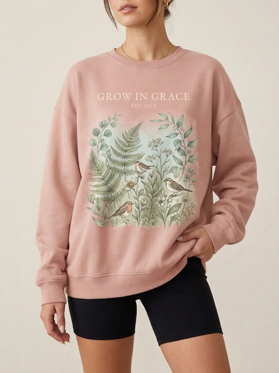 Women's Christian Grow In Grace Botanical Bird Graphic Sweatshirt