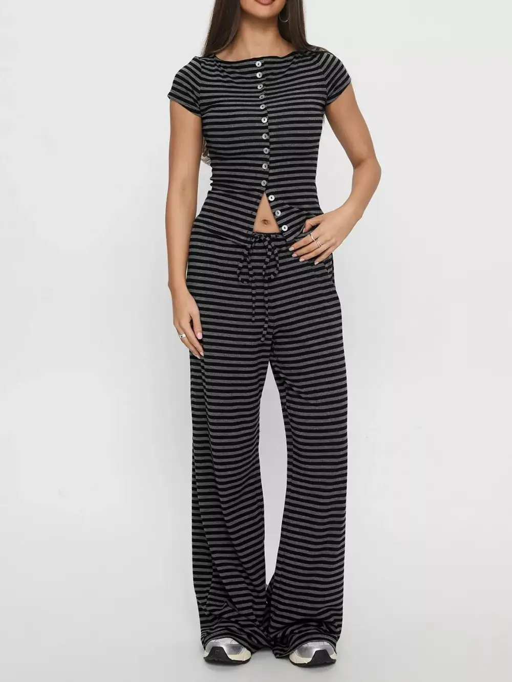 Striped Button Down Top and Wide Leg Pants Set