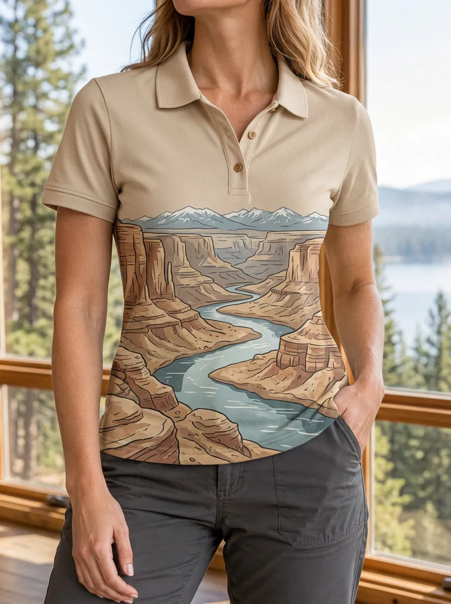 Women's Nature Lover Grand Canyon River Printed Polo Shirt