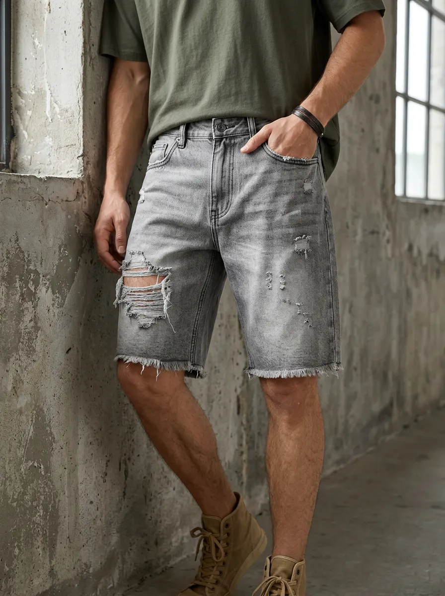 Men's Five Pocket Washed Ripped Denim Shorts