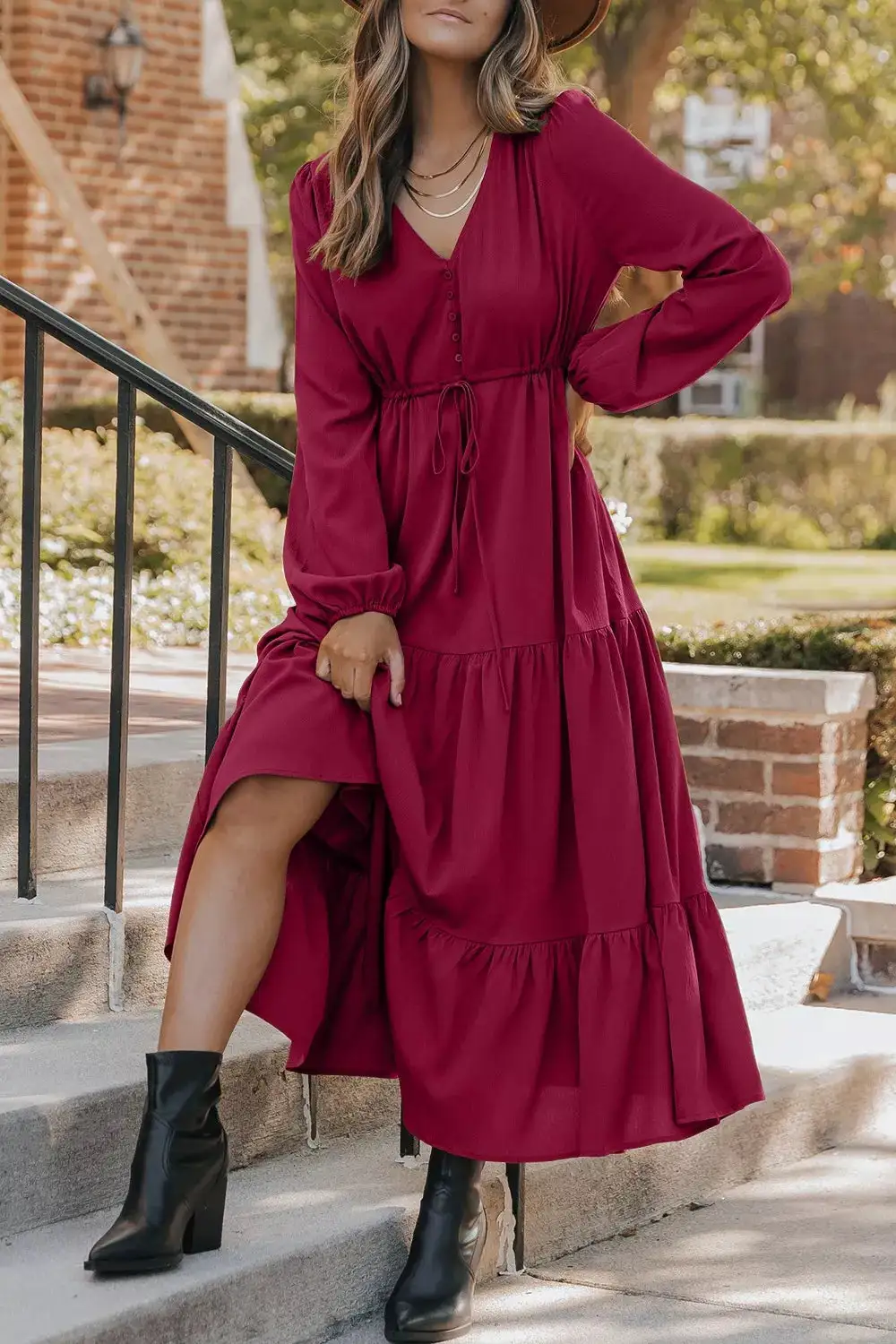 Animal Print Split Neck Puff Sleeve Maxi Dress