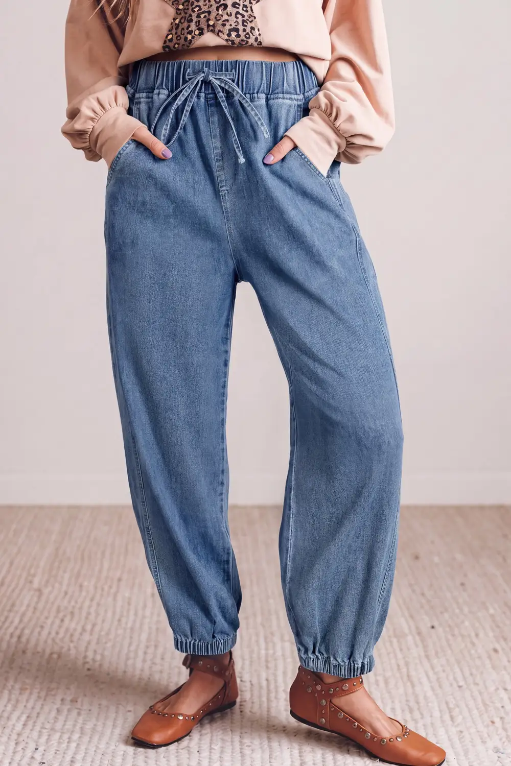 Women's Elastic Waist Harem Ankle Length Jeans