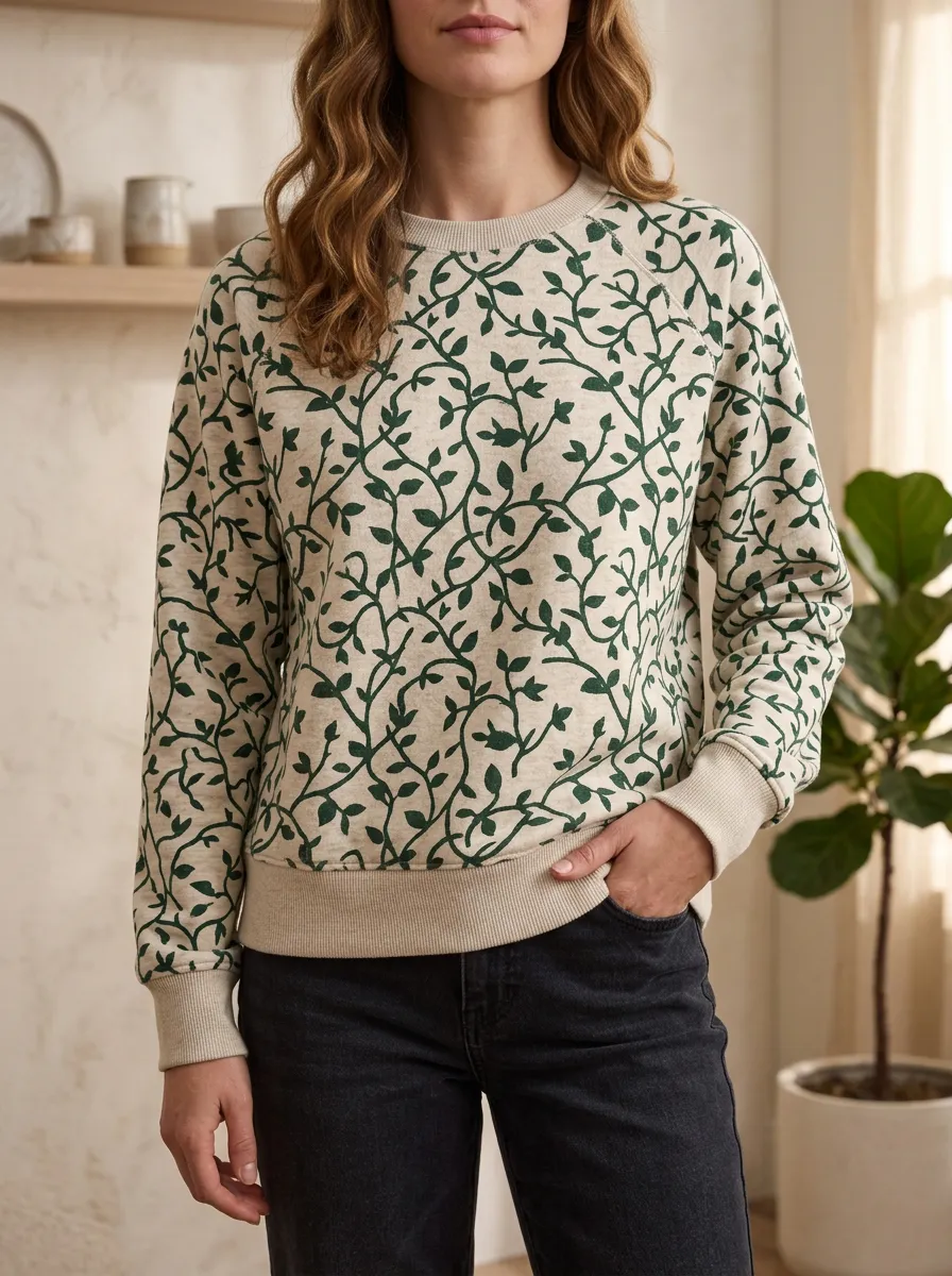 Women's and Botanical Print Crewneck Sweatshirt Fleece