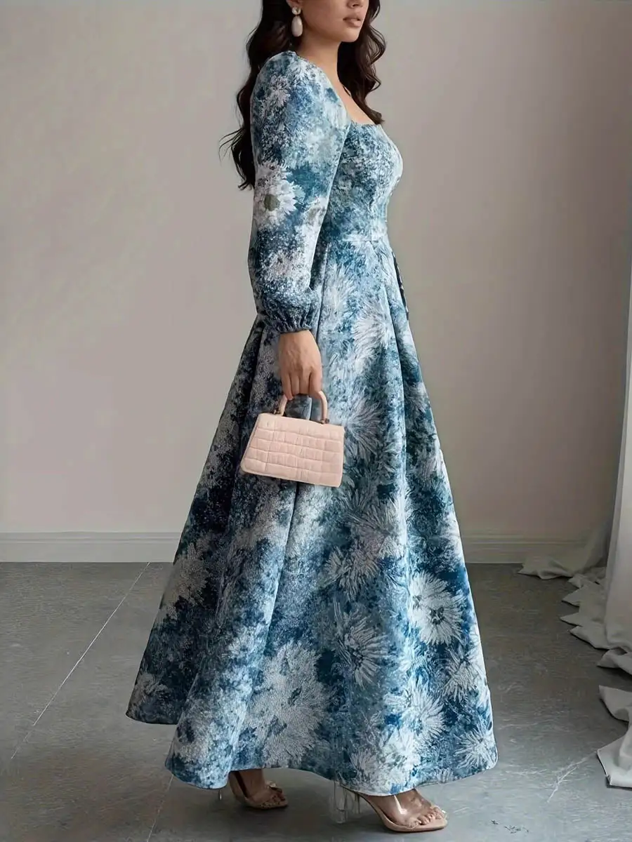 Square Pleated Neck Maxi Dress