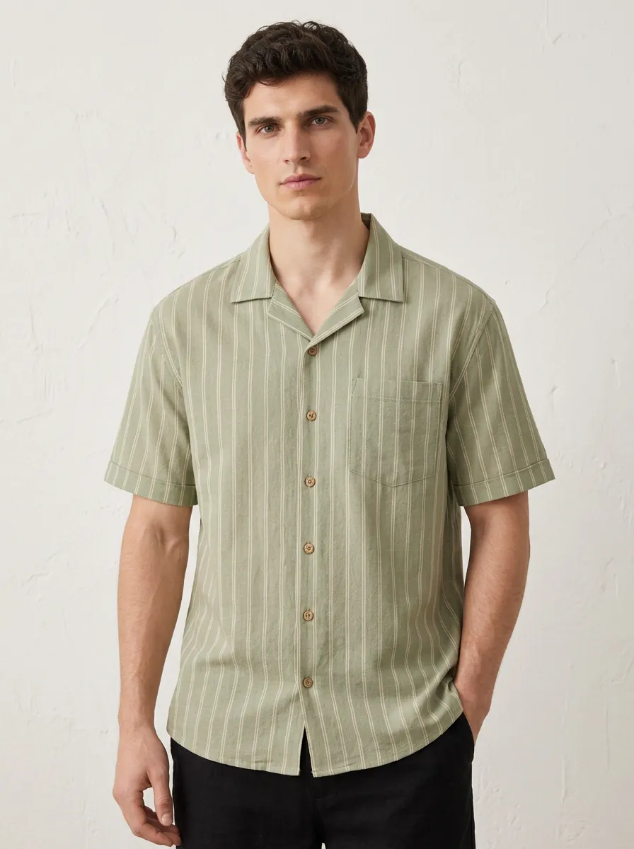 Men's Casual Summer Green Striped Breathable Button-Down Shirt