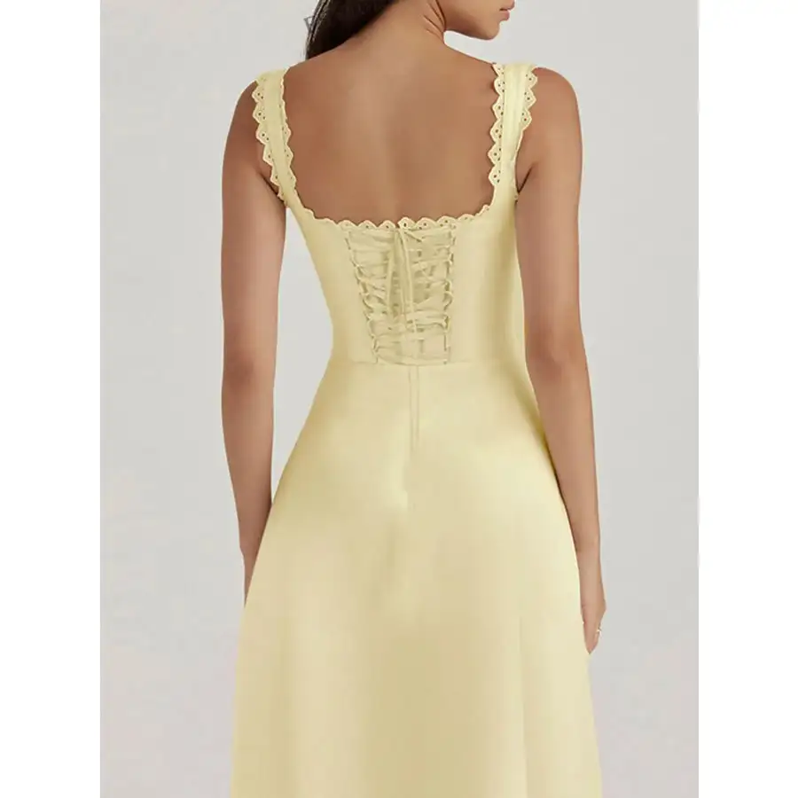 Scalloped V-Neck Midi Dress with Back Lace-Up