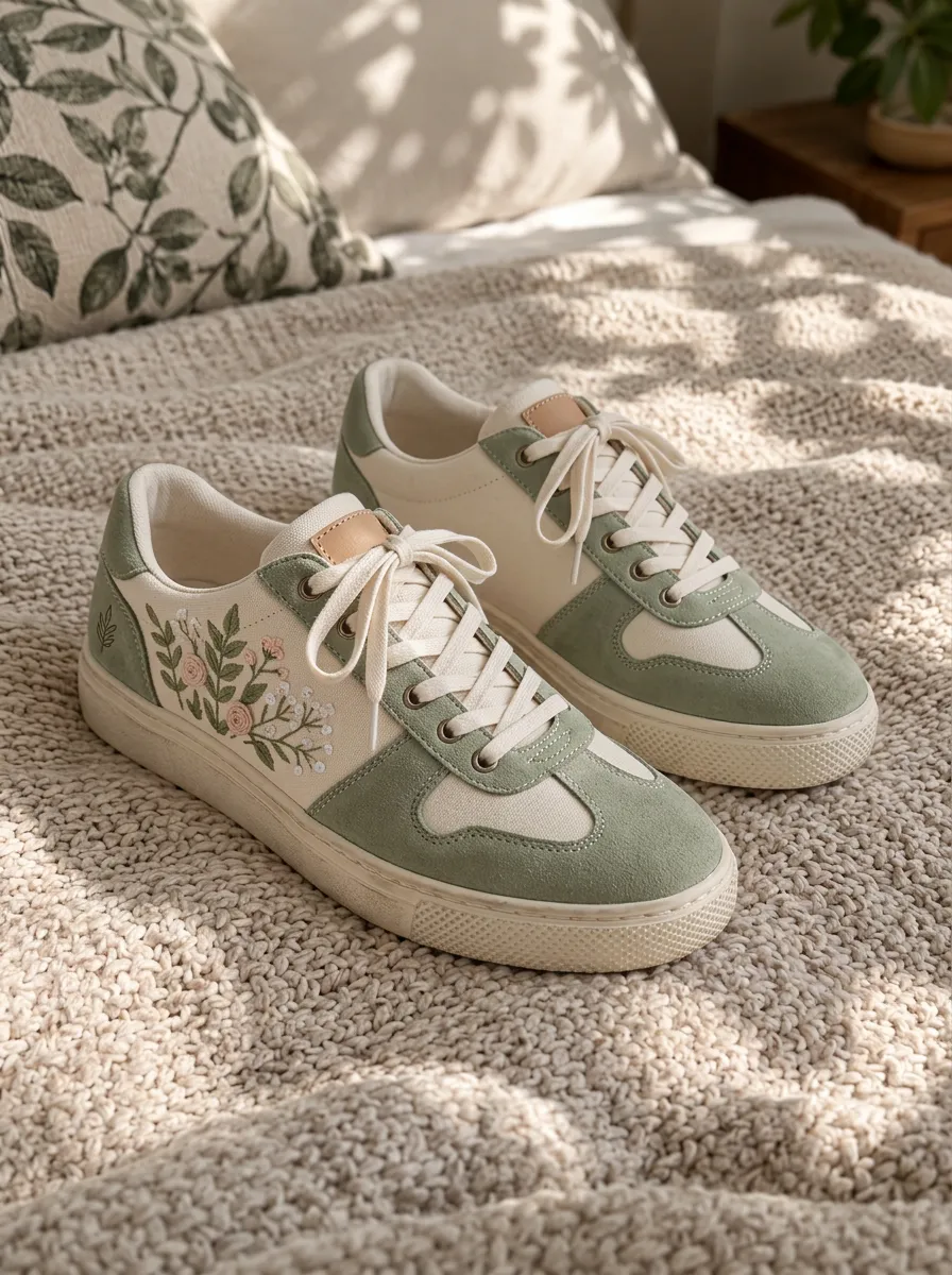 Women's Floral Botanical Embroidered Sage Green Printed Sneakers