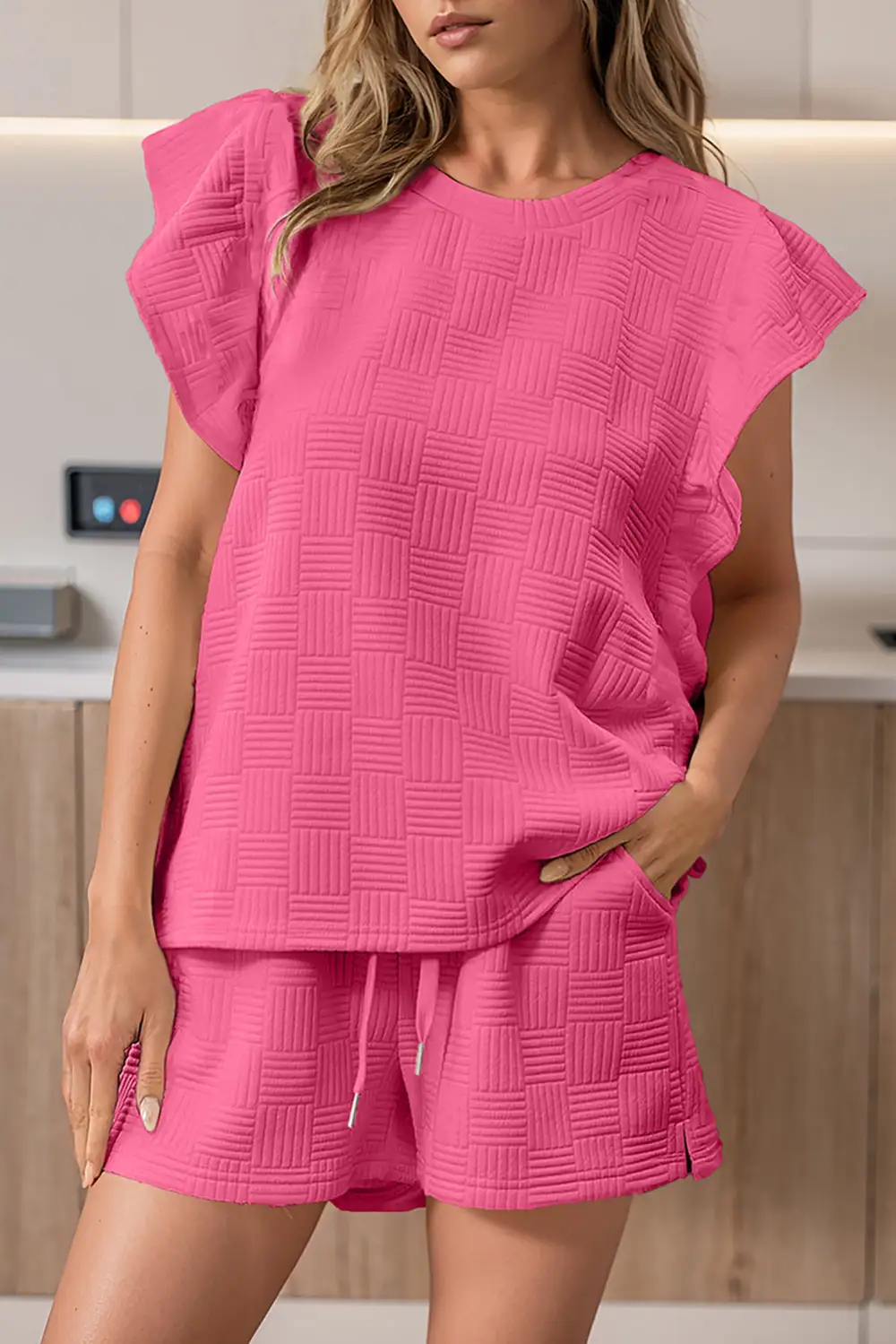 Women's Textured Ruffled Sleeve Tee and Drawstring Elastic Waistband Shorts Set
