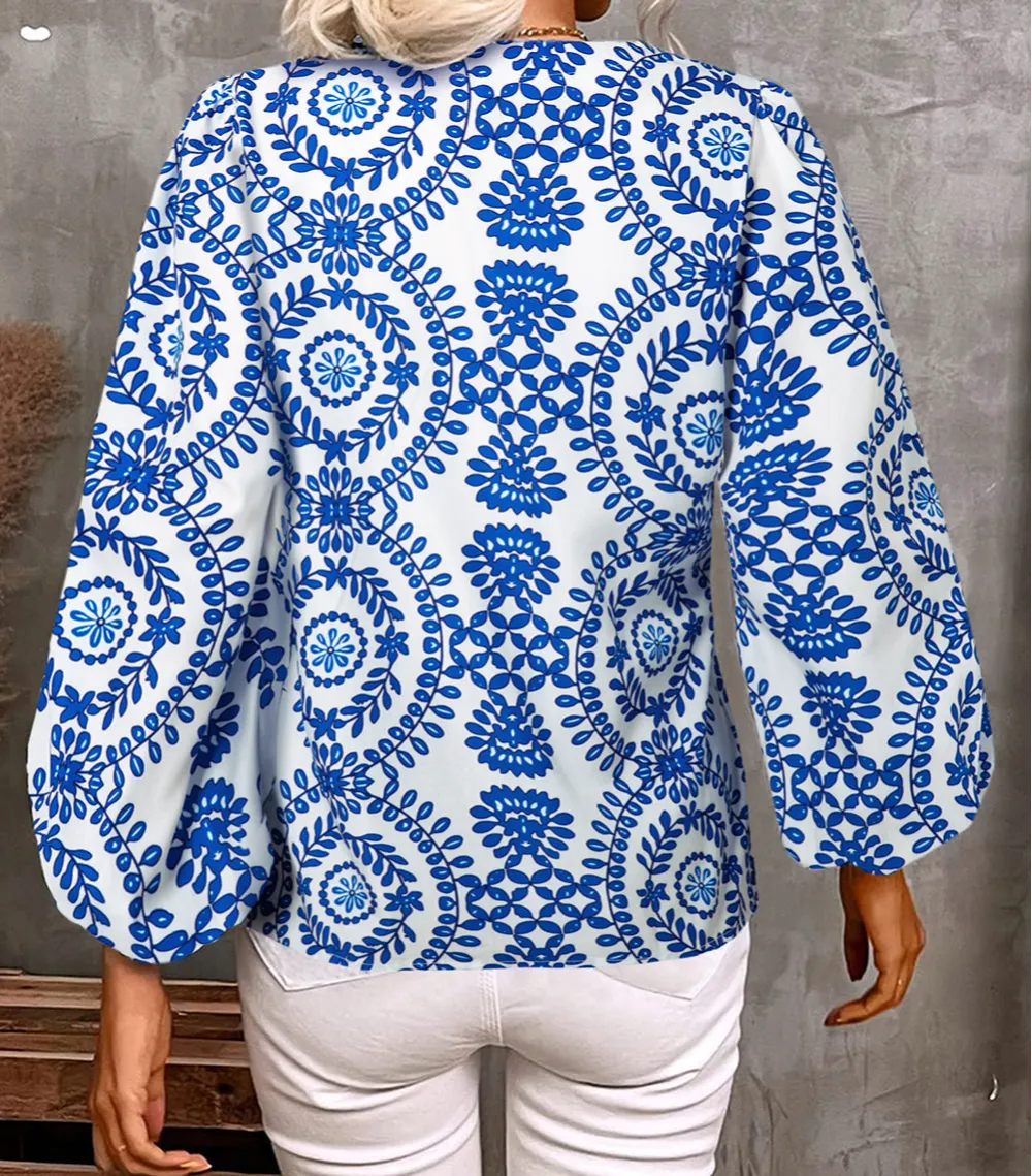 Floral Geometric Print V-Neck Shirt Blouse