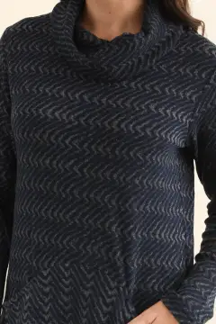 Knee-Length Cotton Pocket Cowl-Neck Long-Sleeve A-Line Dress