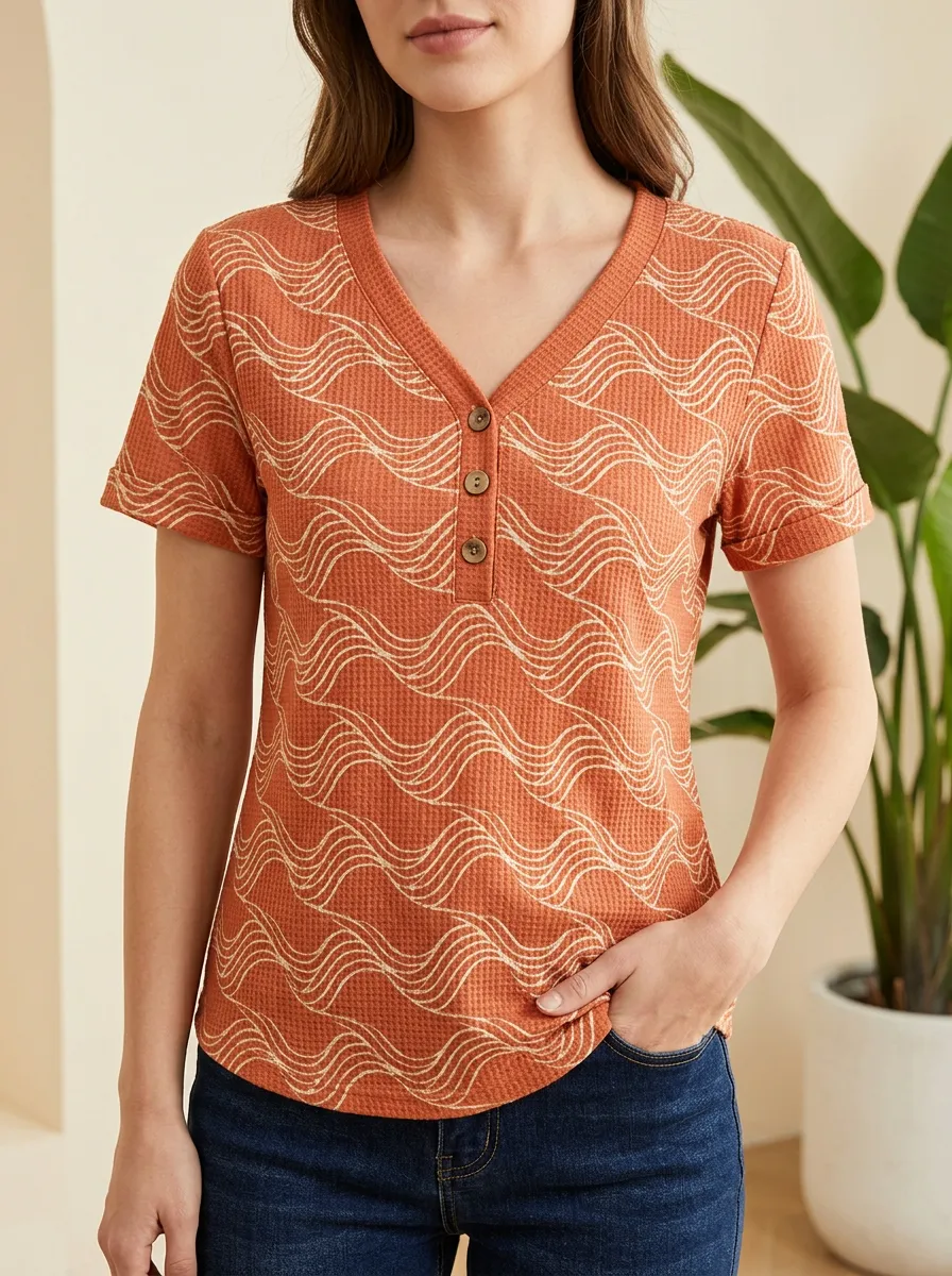 Women's Waffle Knit Wavy Line Printed Henley Shirt