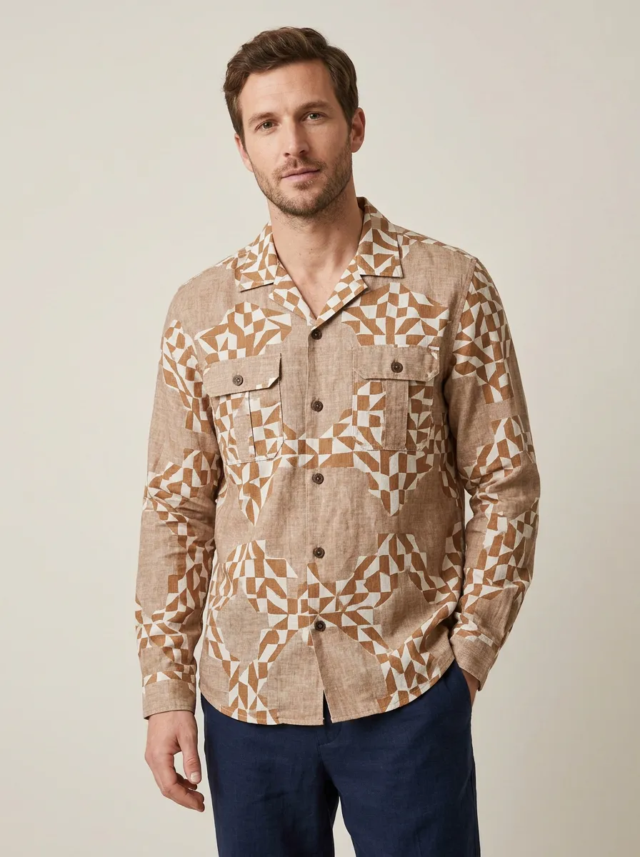 Men's Geometric Printed Linen Shirt