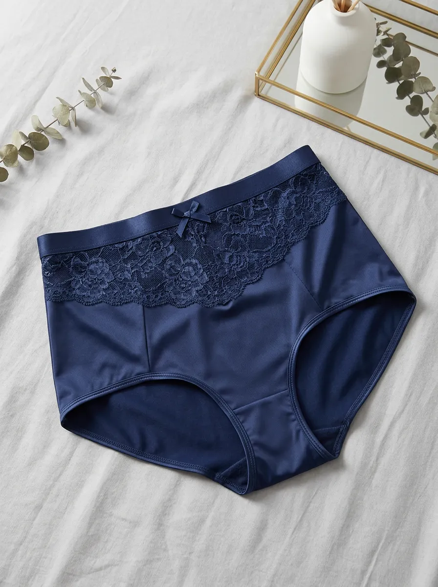 Women's Navy Blue Lace Trim High Waisted Briefs