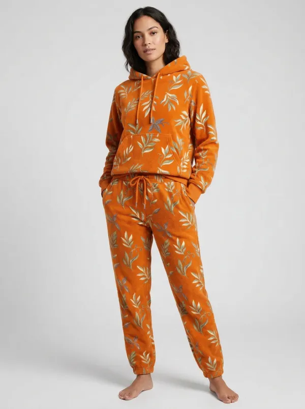 Women's Leaf Print Fleece Hoodie And Jogger Set