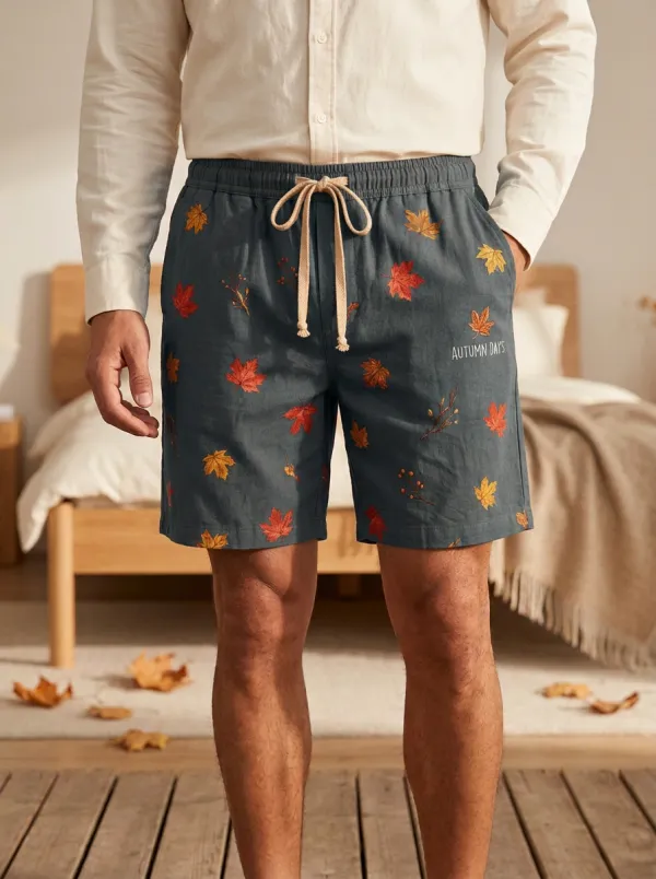 Rust Leaf-print Drawstring Shorts