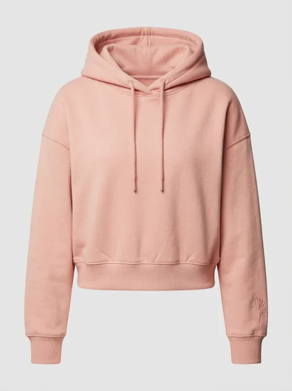 Women's Minimalist Rose Embroidered Beige Cropped Hoodie