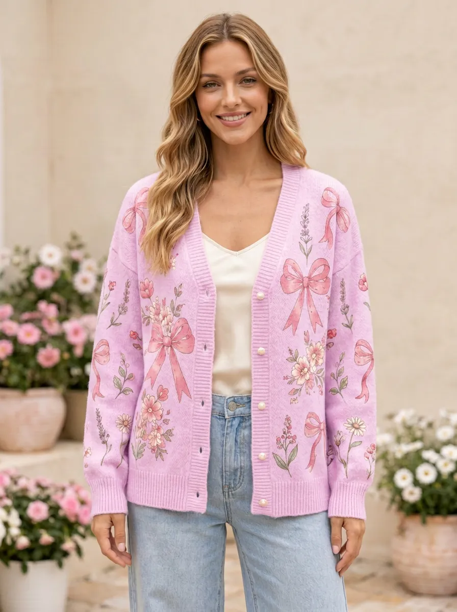 Women's Graceful Floral Coquette Ribbon Bow Printed Cardigan