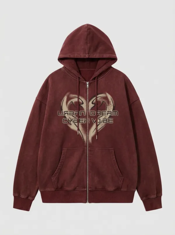 Unisex Streetwear Urban Dream Heart Cyber Vibe Printed Zip-up Hoodie