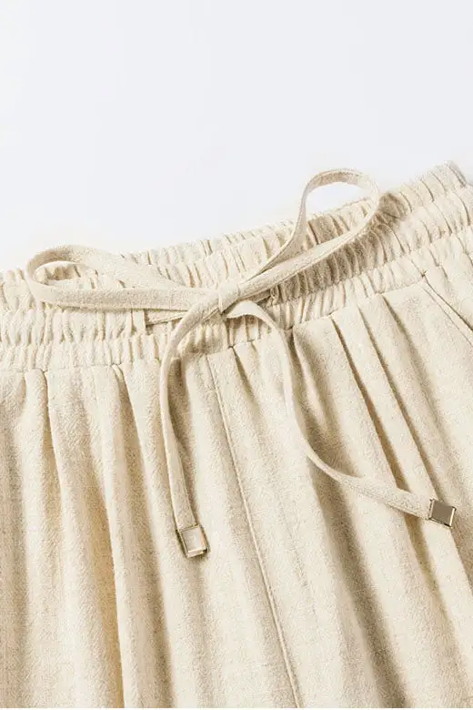 Polished Linen Wide Leg Elastic Waist Pocketed Trousers