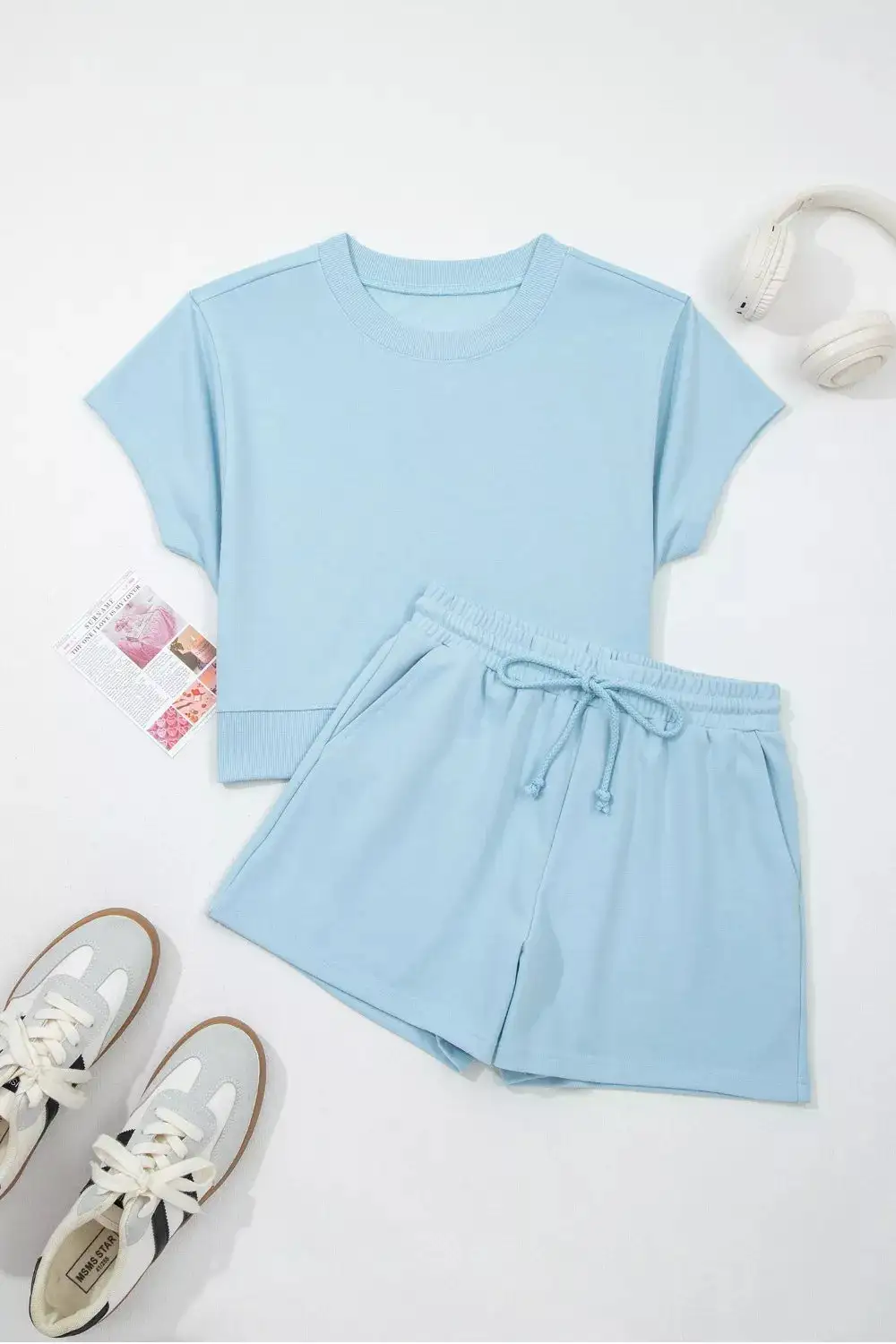 Solid Color Loose Tee Drawstring Shorts Outfit Set
