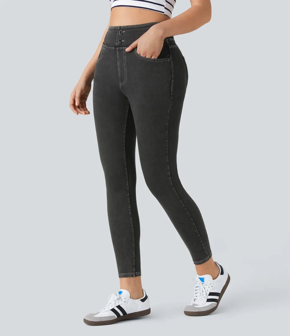 Magic Curvy High Waisted Decorative Button Multiple Pockets Stretchy Knit Denim Casual 7/8 Leggings