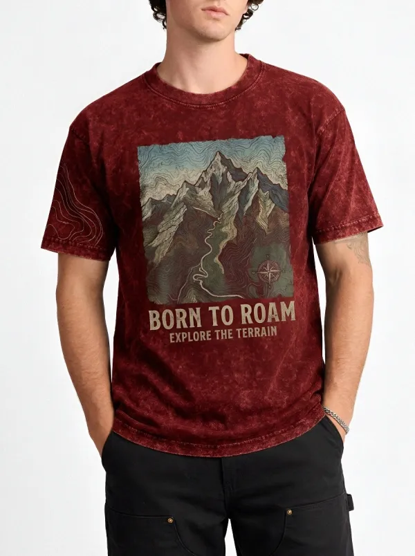 Men's Mountain Hiking Born To Roam Topographic Printed T-shirt