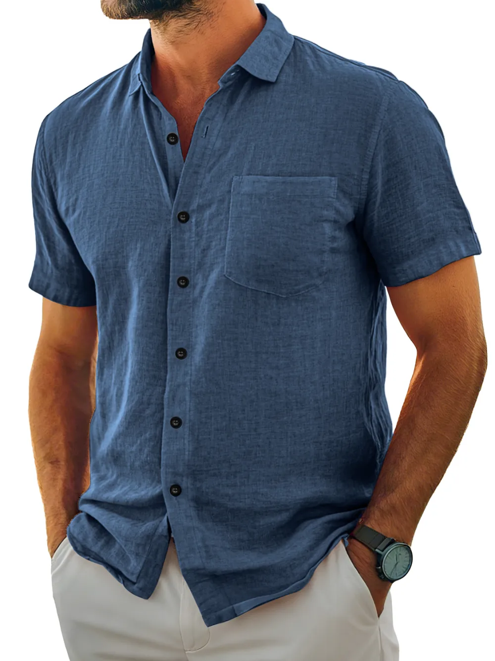 Clean Line Short Sleeve Open Collar Pocket Shirt