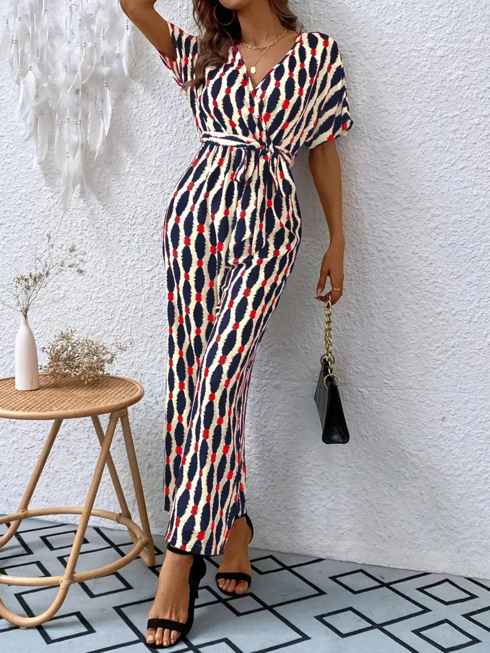 Printed Surplice Tie Waist Short Sleeve Shorts