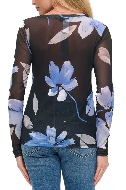 Blue Floral Print Sheer Mesh Long Sleeve Top