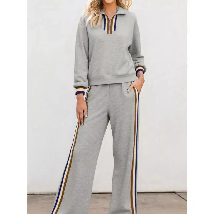 Casual Striped Trim Top and Pants Set