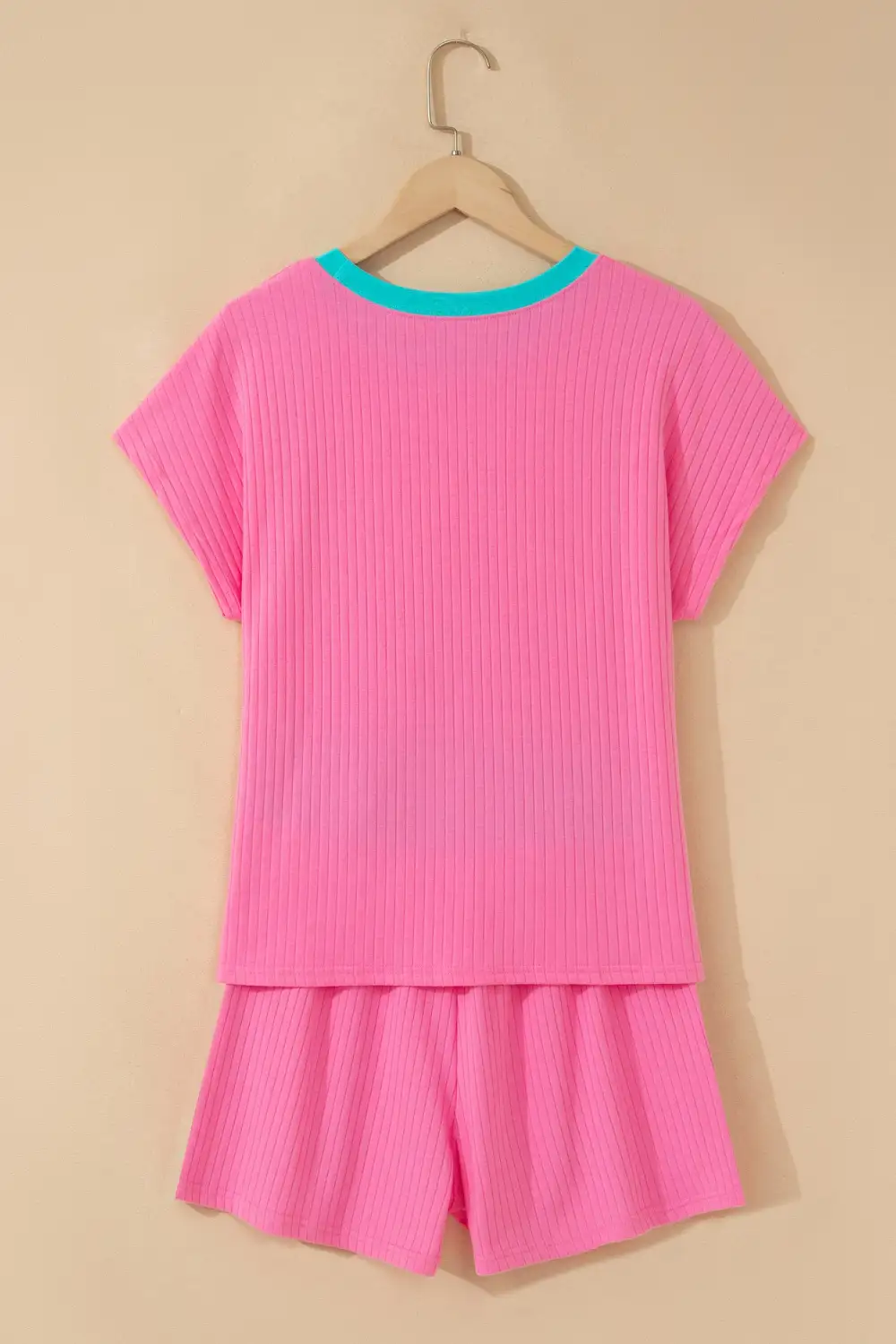 Women's Soft Ribbed Color Block Trim Casual Short Set