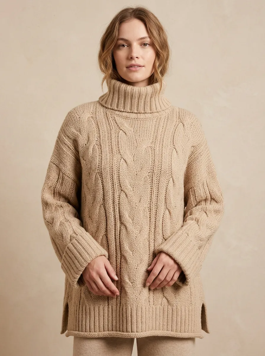 Women's Beige Cable-Knit Turtleneck Sweater