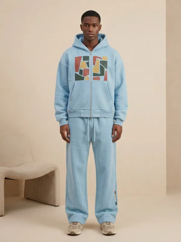 Men's Abstract Geometric Pattern Printed Zip-up Hoodie Jogger Set
