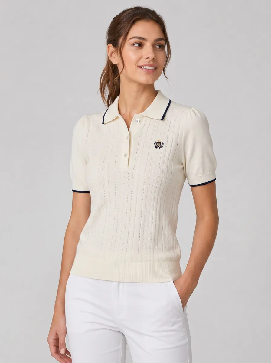 Women's Equestrian Lover Crest Embroidered Cable Knit Polo Shirt