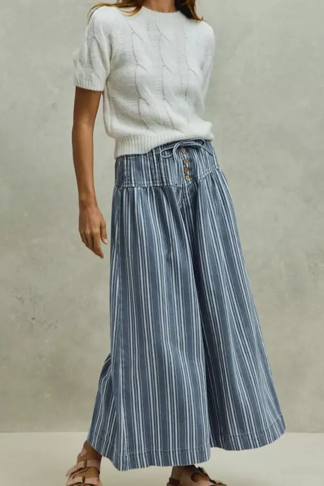 So Me Mid Rise Stripe Denim Washed Pleat Wide