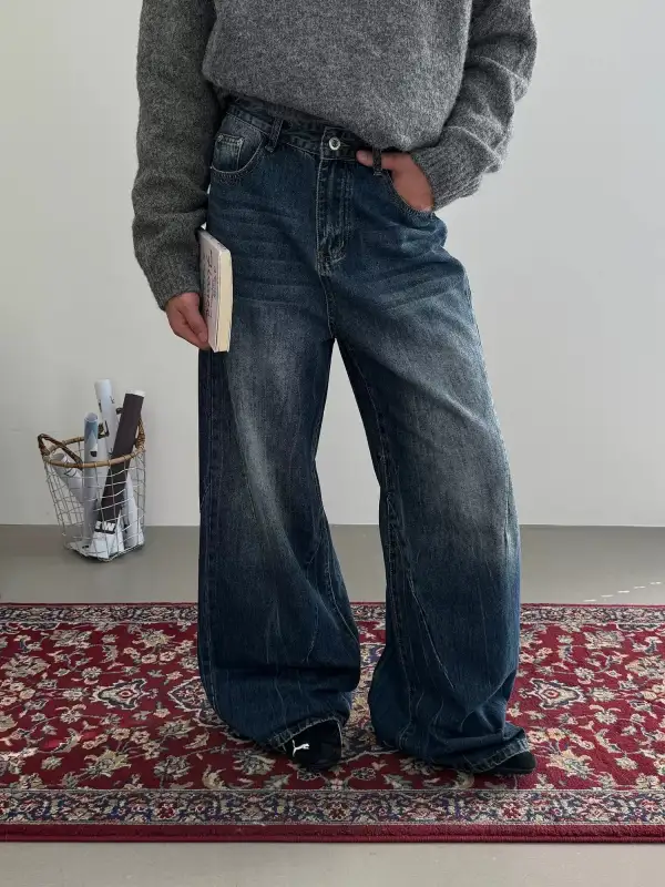 Washed Textured Wide Leg Jeans