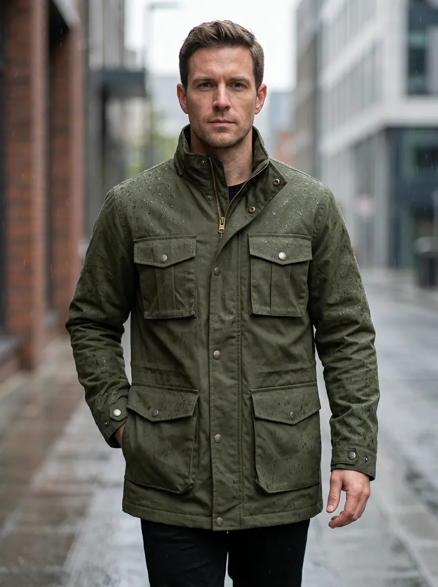 Men's Olive Green Waterproof Field Jacket with Adjustable Cuffs and Flap Pockets