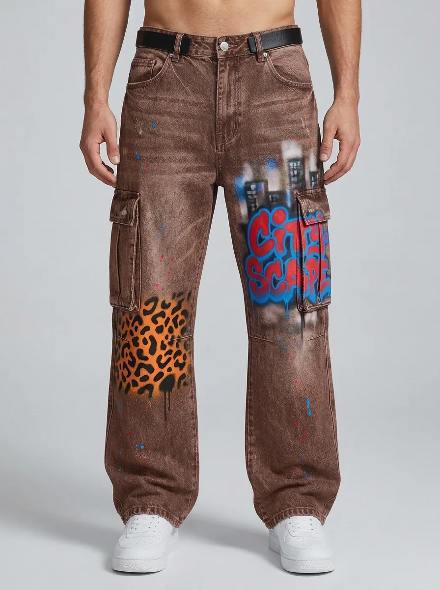 Men's Streetwear Cityscape Leopard Graffiti Graphic Cargo Jeans