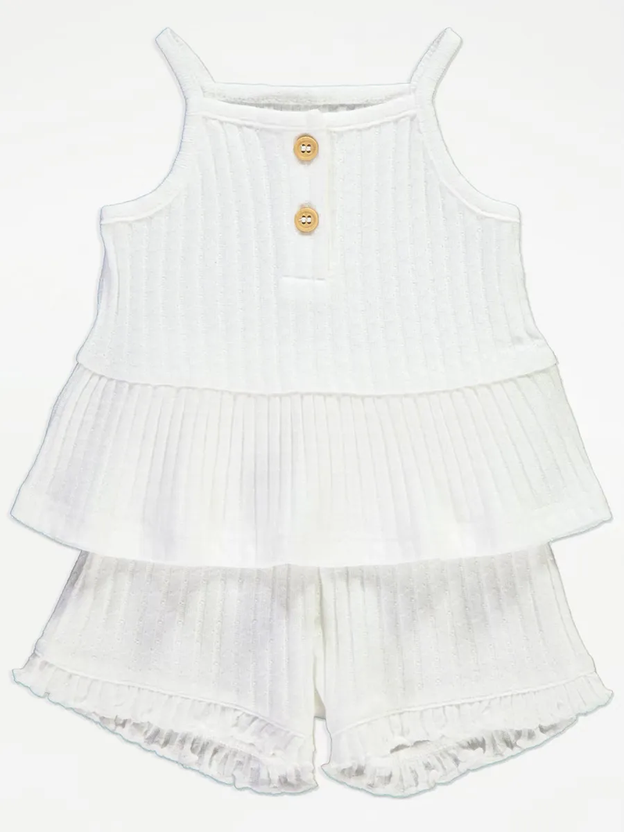 White Ribbed Peplum Cami and Shorts Set