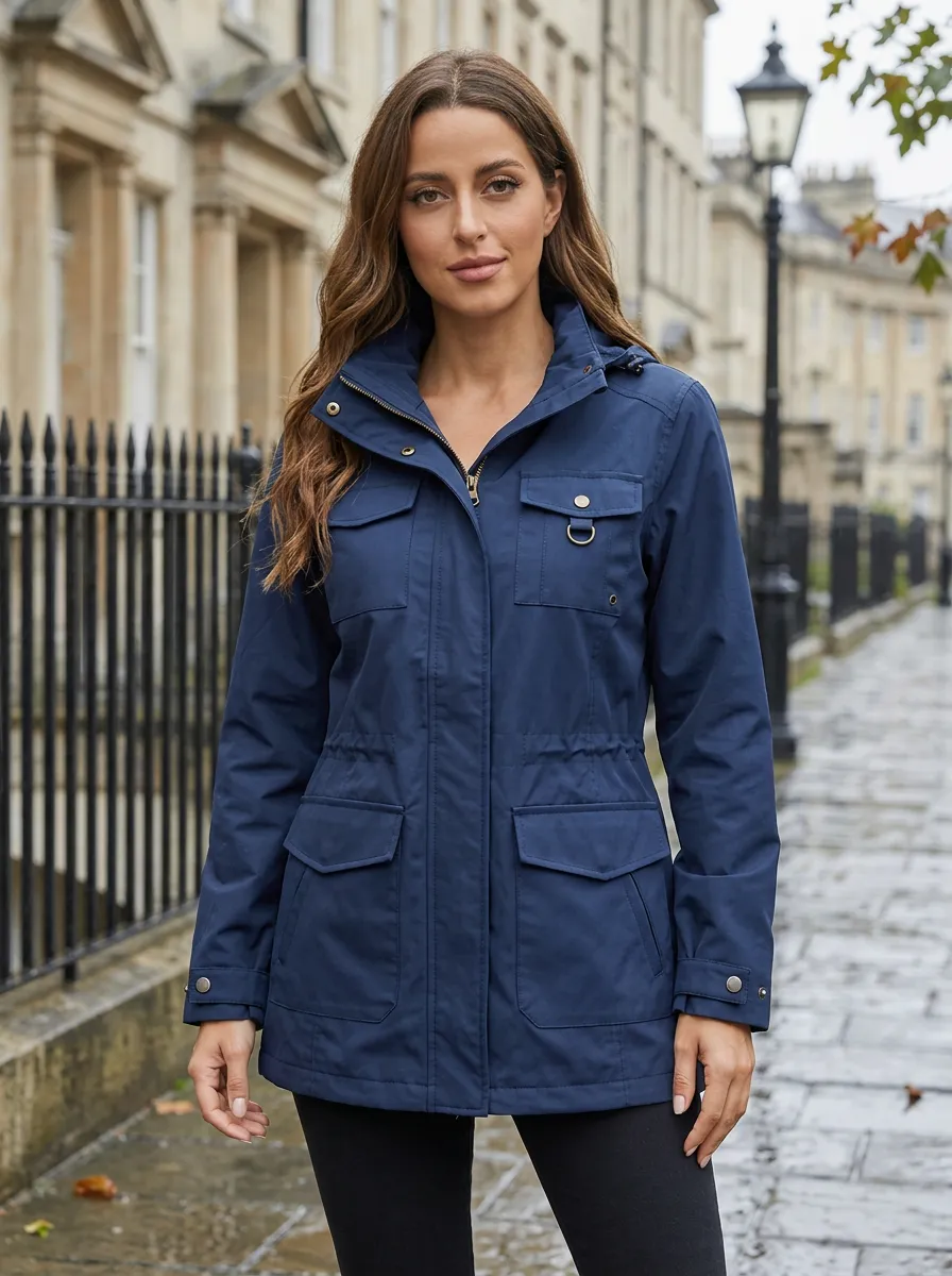 Women's Navy Blue Hooded Waterproof Utility Jacket with a Chest Pocket