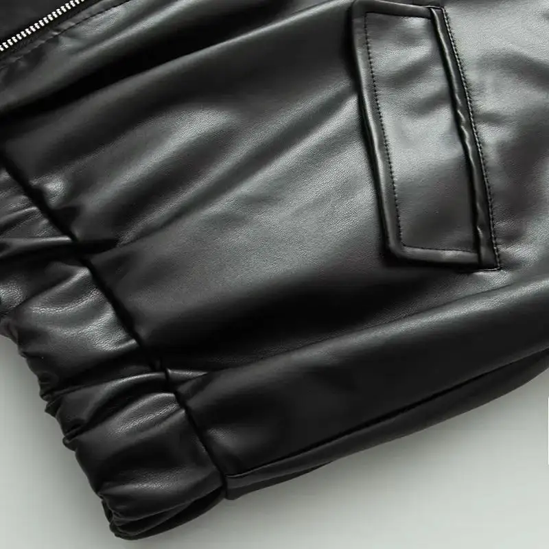 Oversized Faux Leather Hooded Zip Front Bomber Jacket