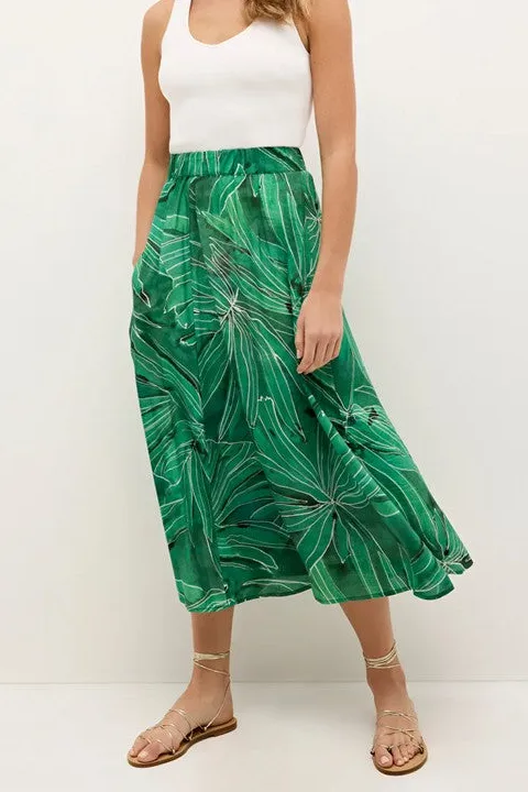 Green Palm Leaf Print A-Line Midi Skirt