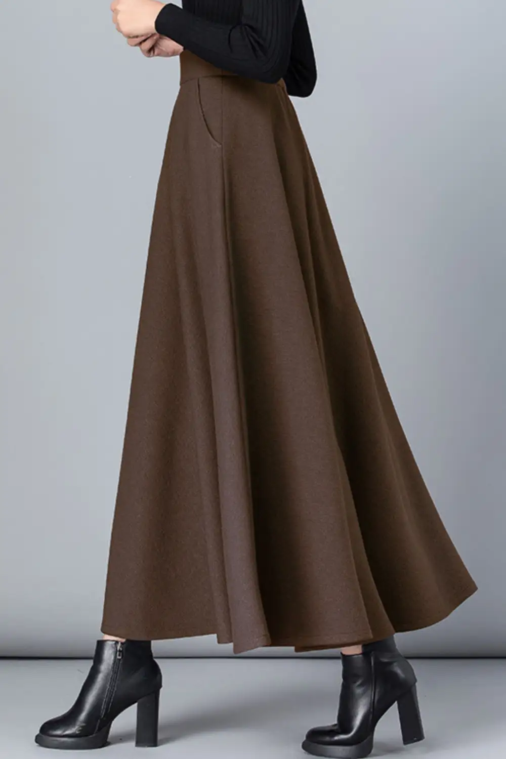 Checkered Wool Blend A Line High Waist Maxi Skirt