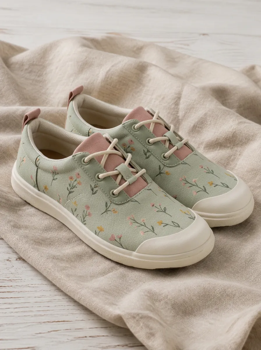 Women's Sage Green Floral Wildflower Printed Canvas Shoes