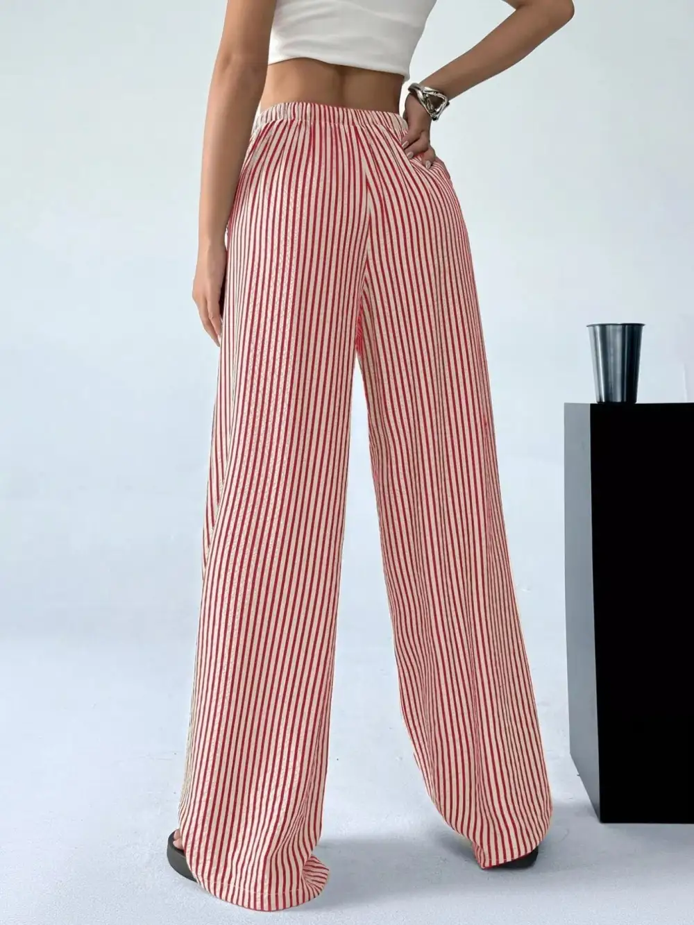 Wide Leg Drawstring Striped Pocketed Pants