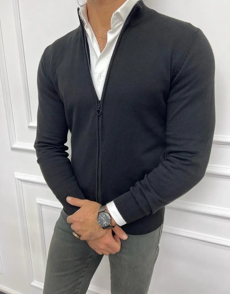 Classic Slim Fit Zip Detail V-Neck Knit Cardigan