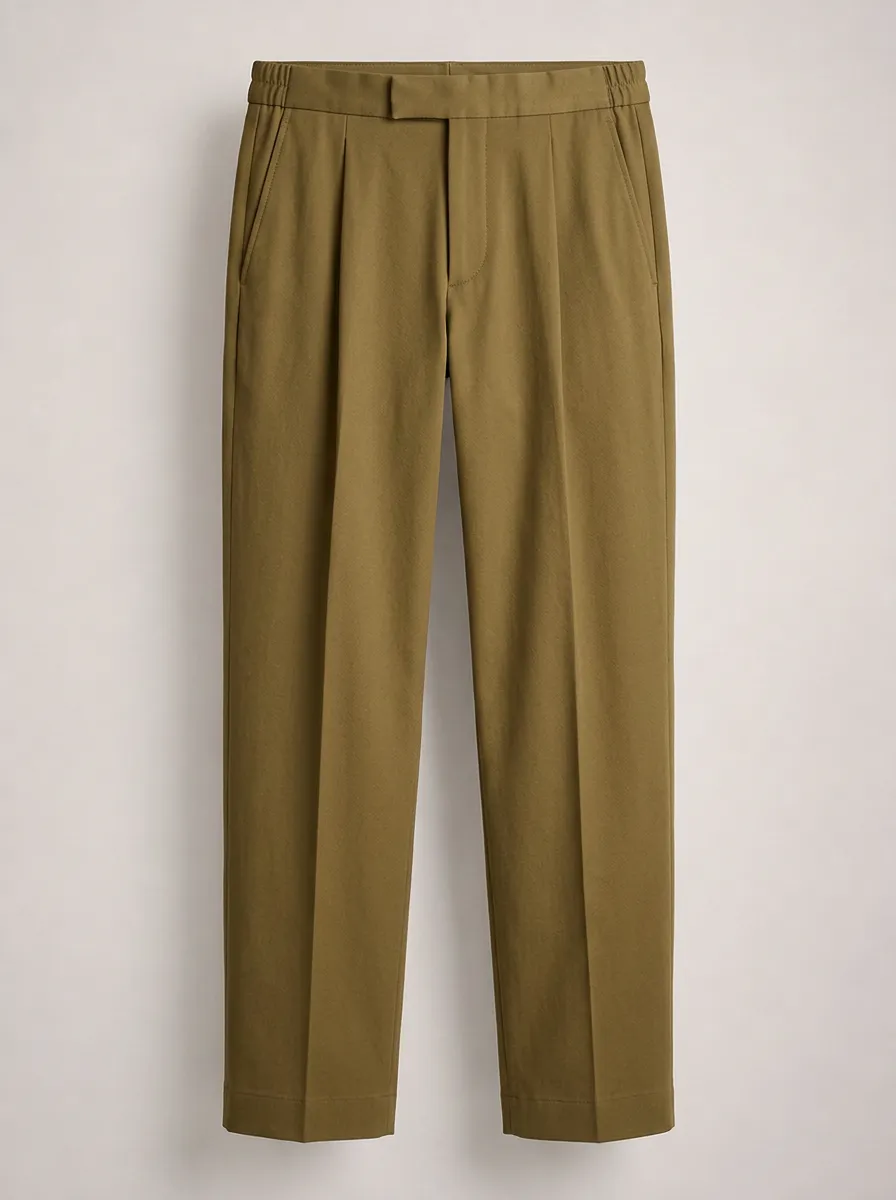 Men's Olive Green Pleated Elastic Waist Casual Trousers