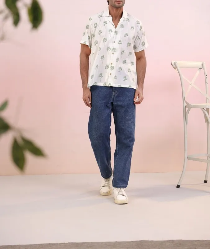 White Palm Leaf Mulmul Cotton Camp Collar Shirt
