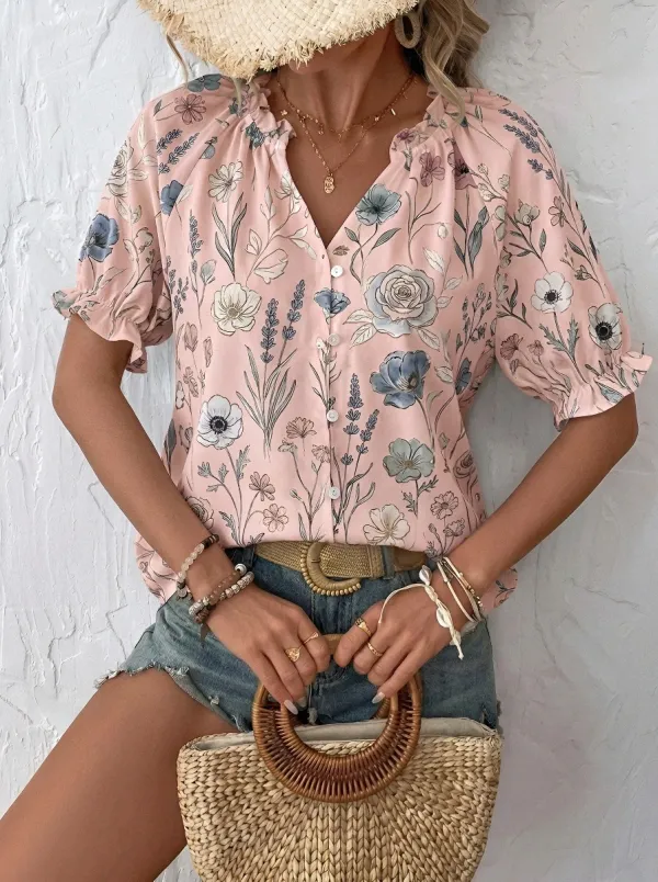 Women's Boho Floral Botanical Printed Button Down Blouse