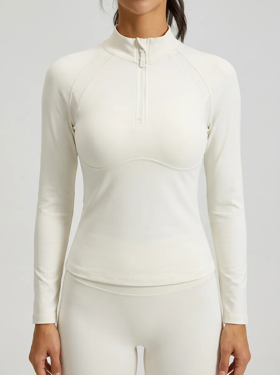 Women's Athletic Fitness White Quarter Zip Long Sleeve Shirt